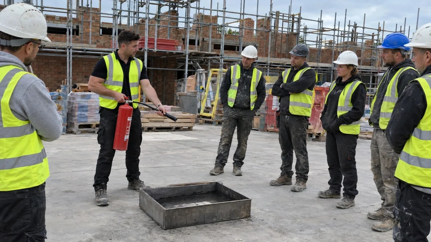 Phoenix instructor demonstrating a fire extinguisher to a workplace training group